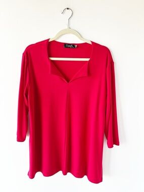 Sympli Glow Top Red Tunic Pearl Detail Slit Neck Jersey Knit Capsule Staple 14